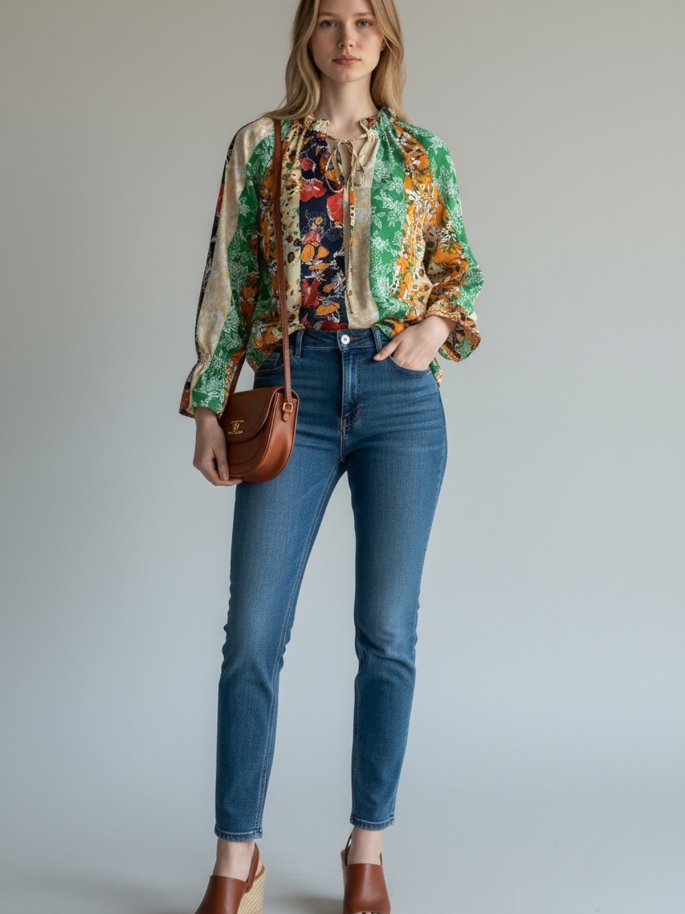 Eclair Floral Patchwork Tie-Neck Blouse | Women’s XS